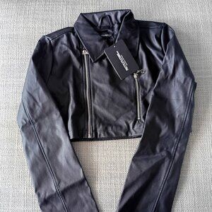 PrettyLittleThing Black Faux Leather Super Cropped Biker Jacket NEW Size 8 (US)